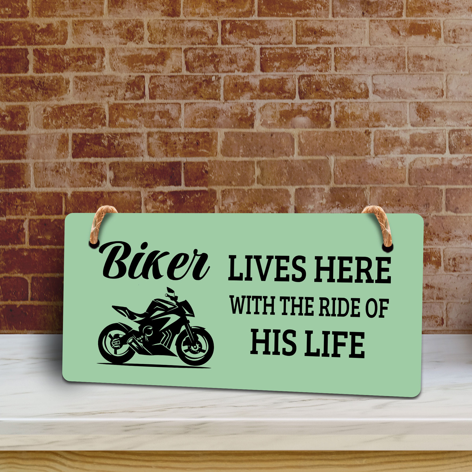 Biker Lives Here With The Ride Of His Life 5″ x 10″ Hanging Wall or Door Sign