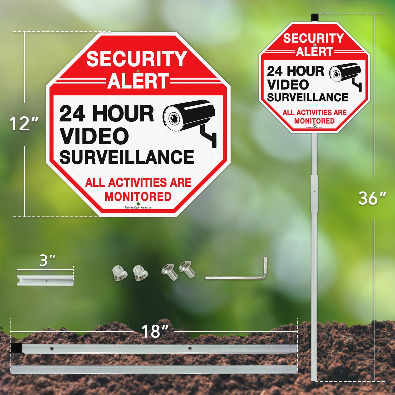 Security Sign Video Surveillance Sign with 36″ Stake for Outside, 2-Pack 12″x…