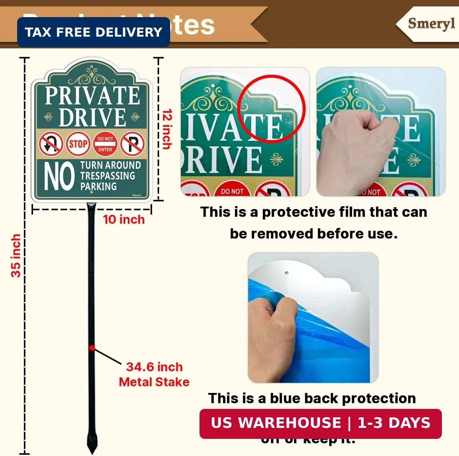 Private Drive No Turn Around Sign with 34.6″ Stake for Yard, 12″ x 10″ Private D