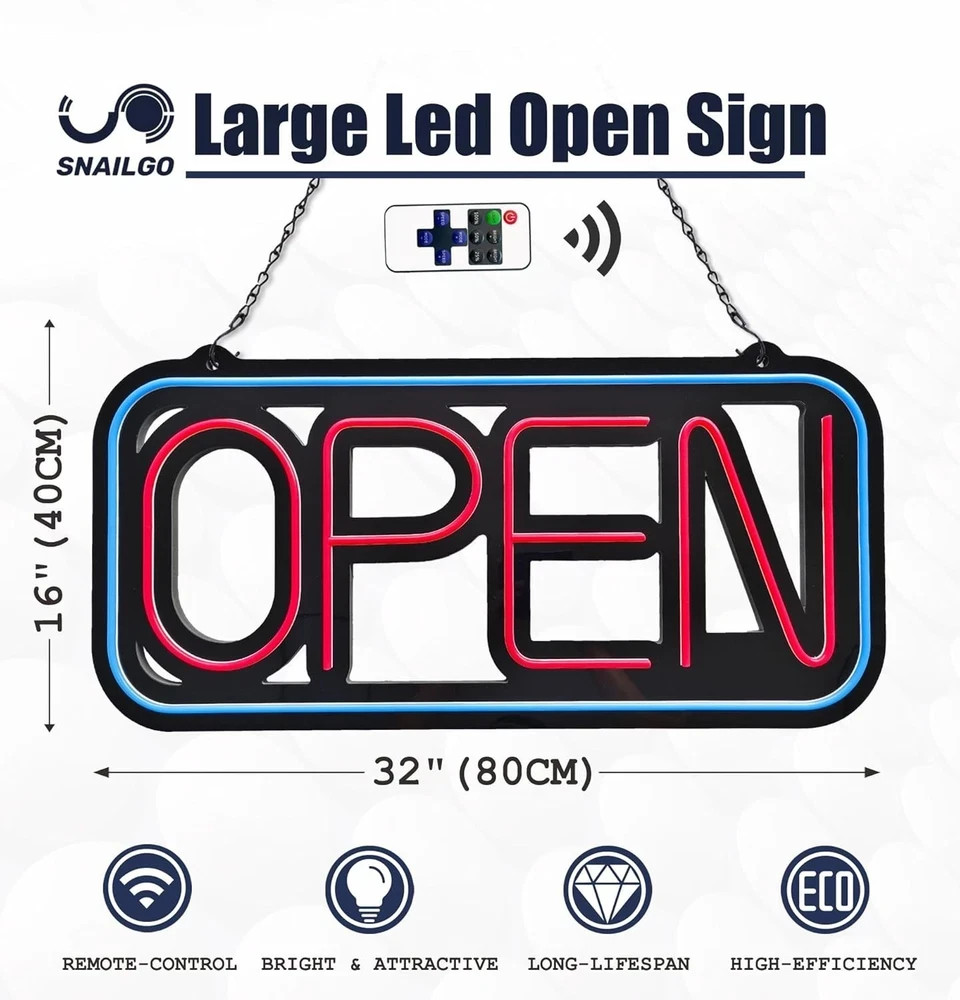 Bright LED Open Sign for Business – 32×16 Inch with Remote & Flashing Mode