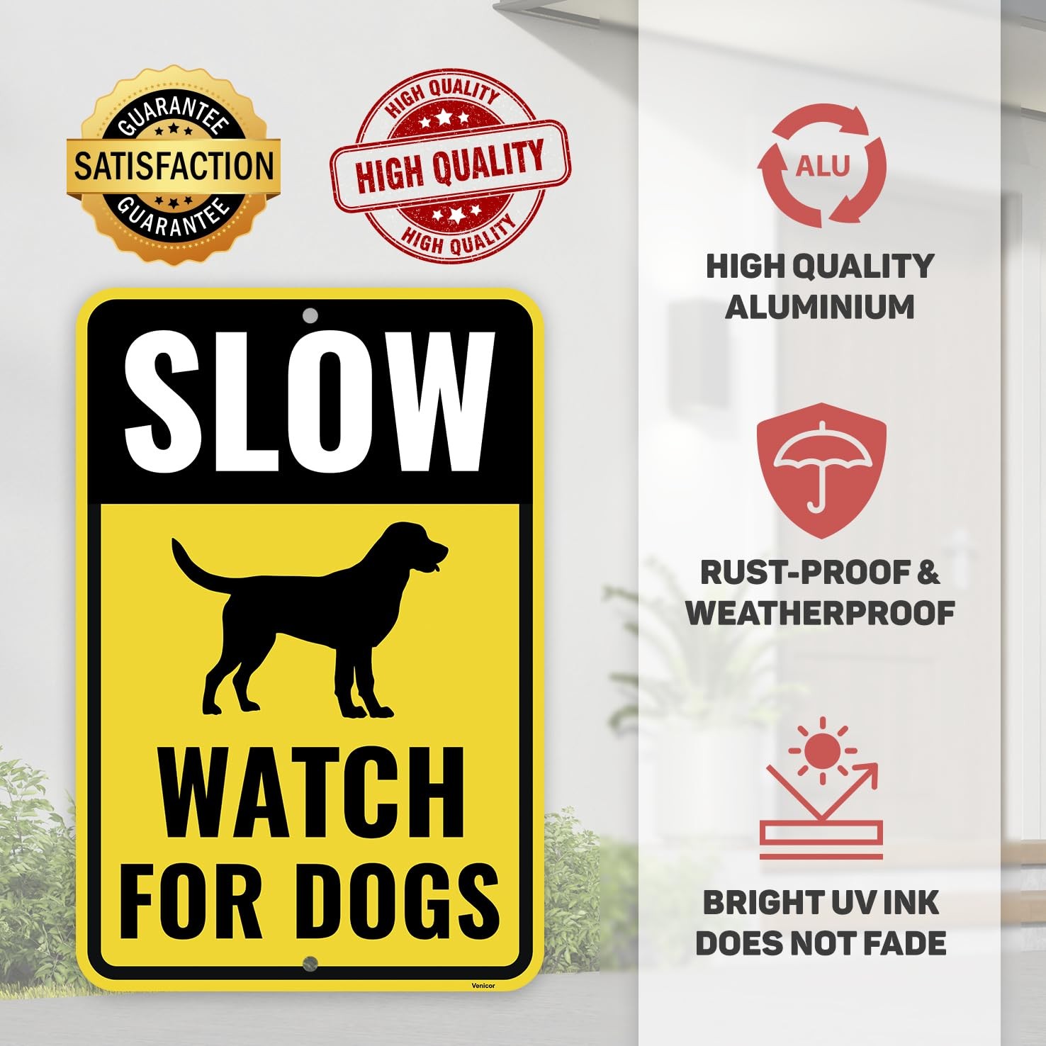 2PC Slow Watch Dogs Sign 18×12 Inches Aluminum Caution Dog Crossing Pets At Play
