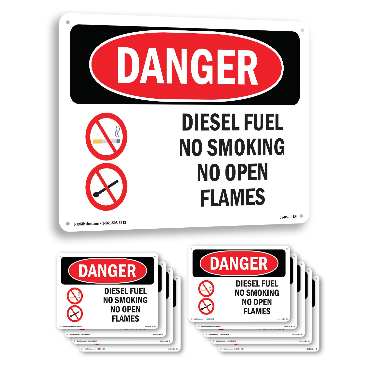 Diesel Fuel No Smoking No Open Flames OSHA Danger Sign Or Decal – 5 or 10 Pack
