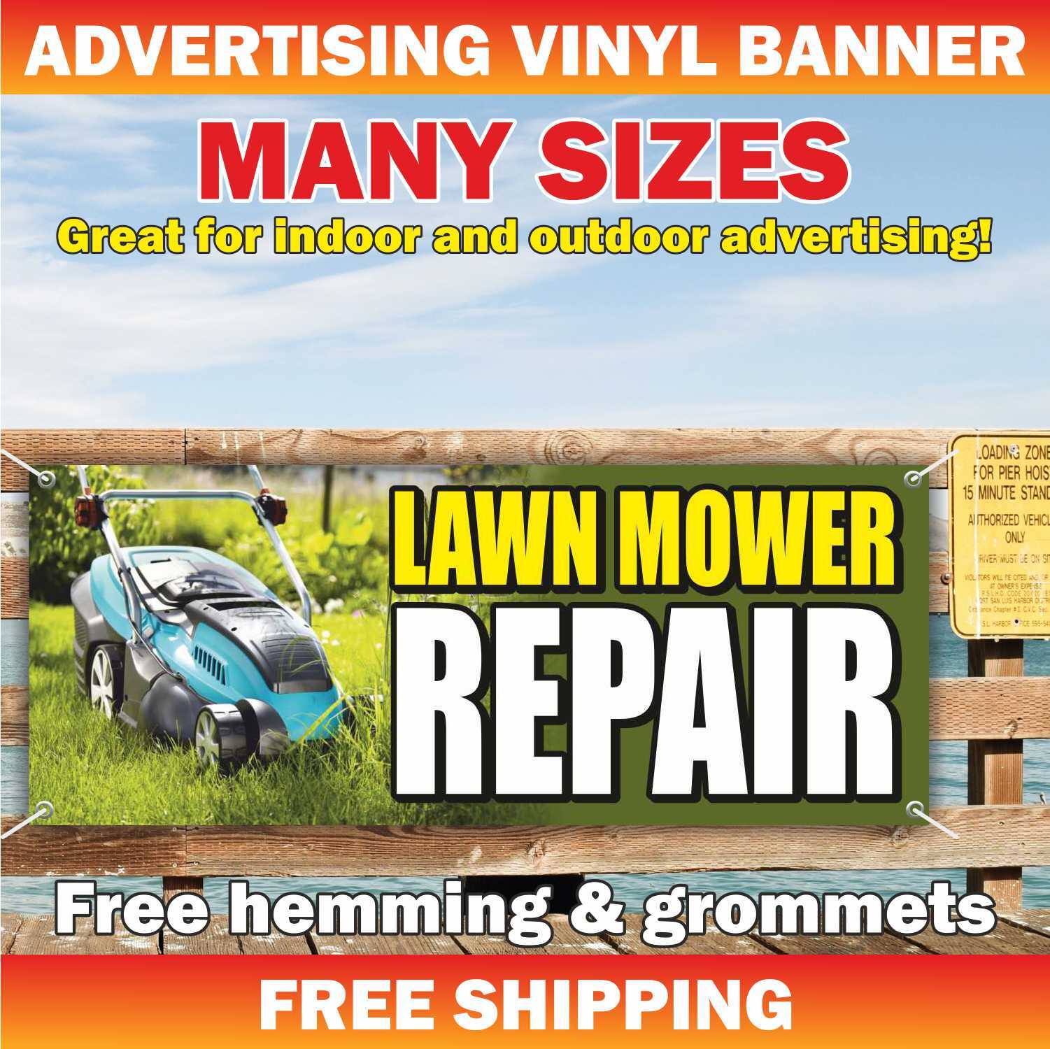 LAWN MOWER REPAIR Advertising Banner Vinyl Mesh Sign blades oil grass landscape