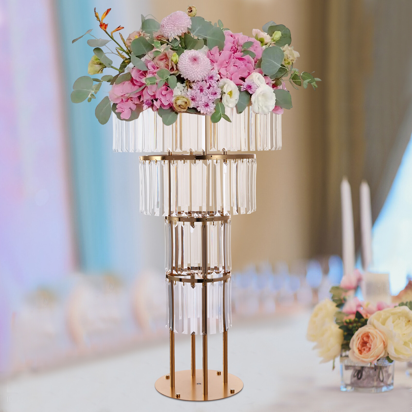 Wedding Gold Crystal Flower Stand, Round Pedestal Stand, Crystal Flower Stand