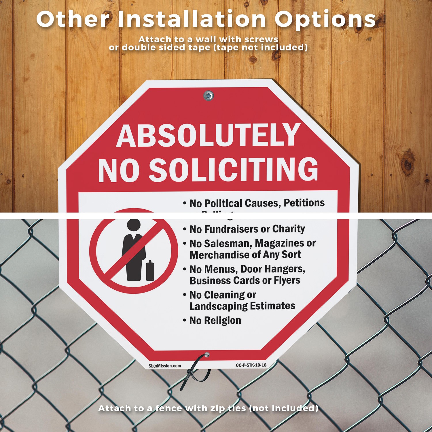 Absolutely No Soliciting No Poli Octagon Sign With Stake Weather Resistant