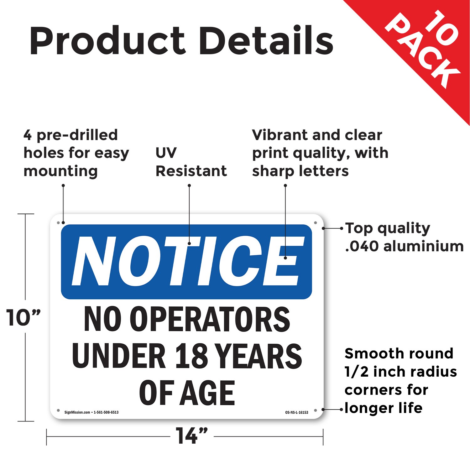 No Operators Under 18 Years Of Age OSHA Notice Sign Metal, Decal – 5 or 10 Pack