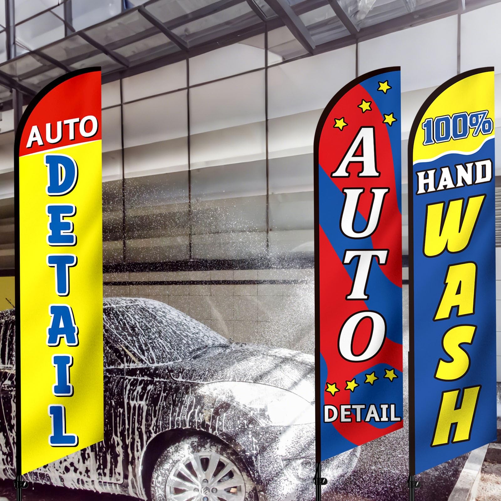 3 Pack Car Wash Sign Feather Flag 12 x 2.5 ft Auto Detail Hand Wash Windless …