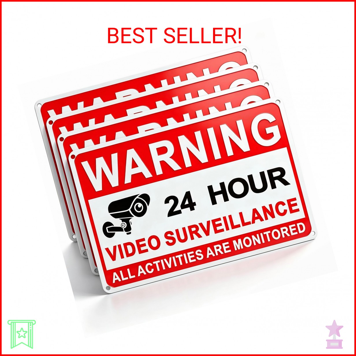 4 Pack Video Surveillance Signs, 24hr Monitoring No Trespassing Camera Sign