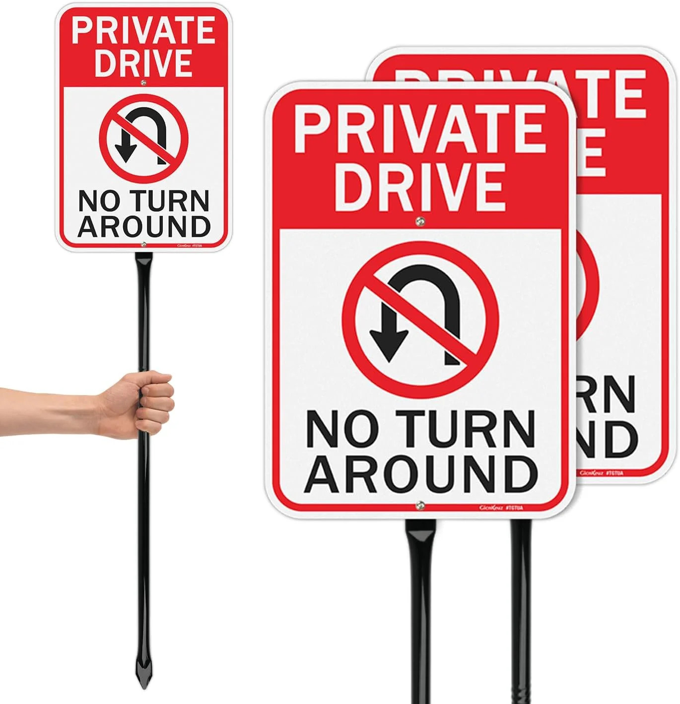 GicnKeuz Private Driveway No Turn Around Signs with 36″ Heavy Duty Metal Stakes,