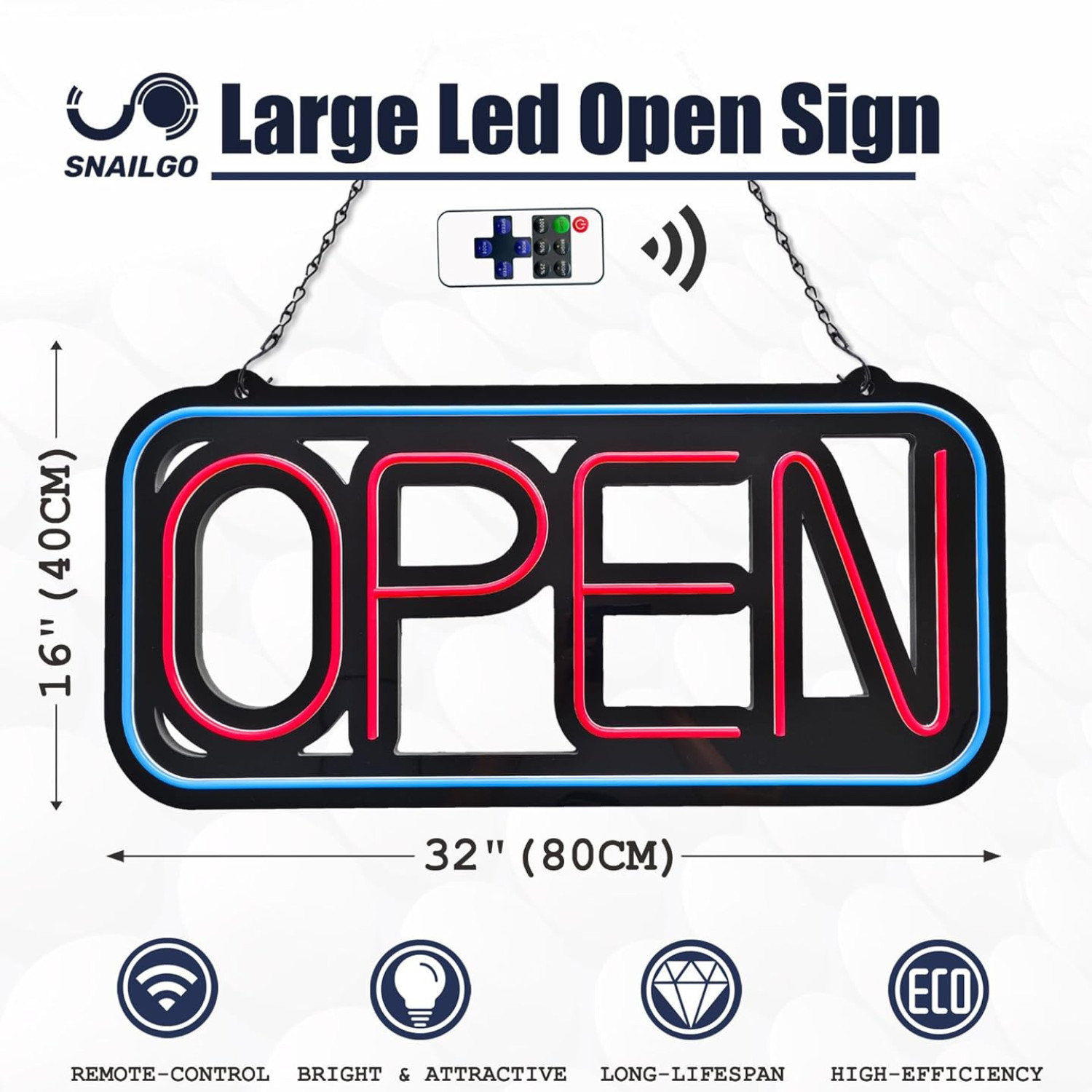 Bright LED Open Sign for Business – 32×16 Inch with Remote & Flashing Mode