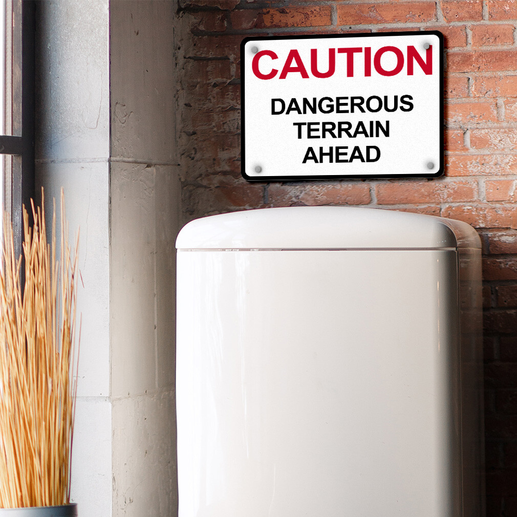 Aluminum Horizontal Metal Sign Caution Dangerous Terrain Ahead Black Road