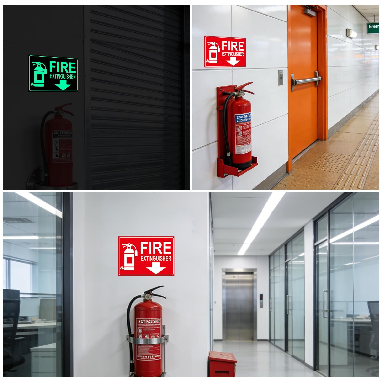 Fire Extinguisher Sign Sticker Glow in The Dark with Arrow 10x 7Inch 2 Pack