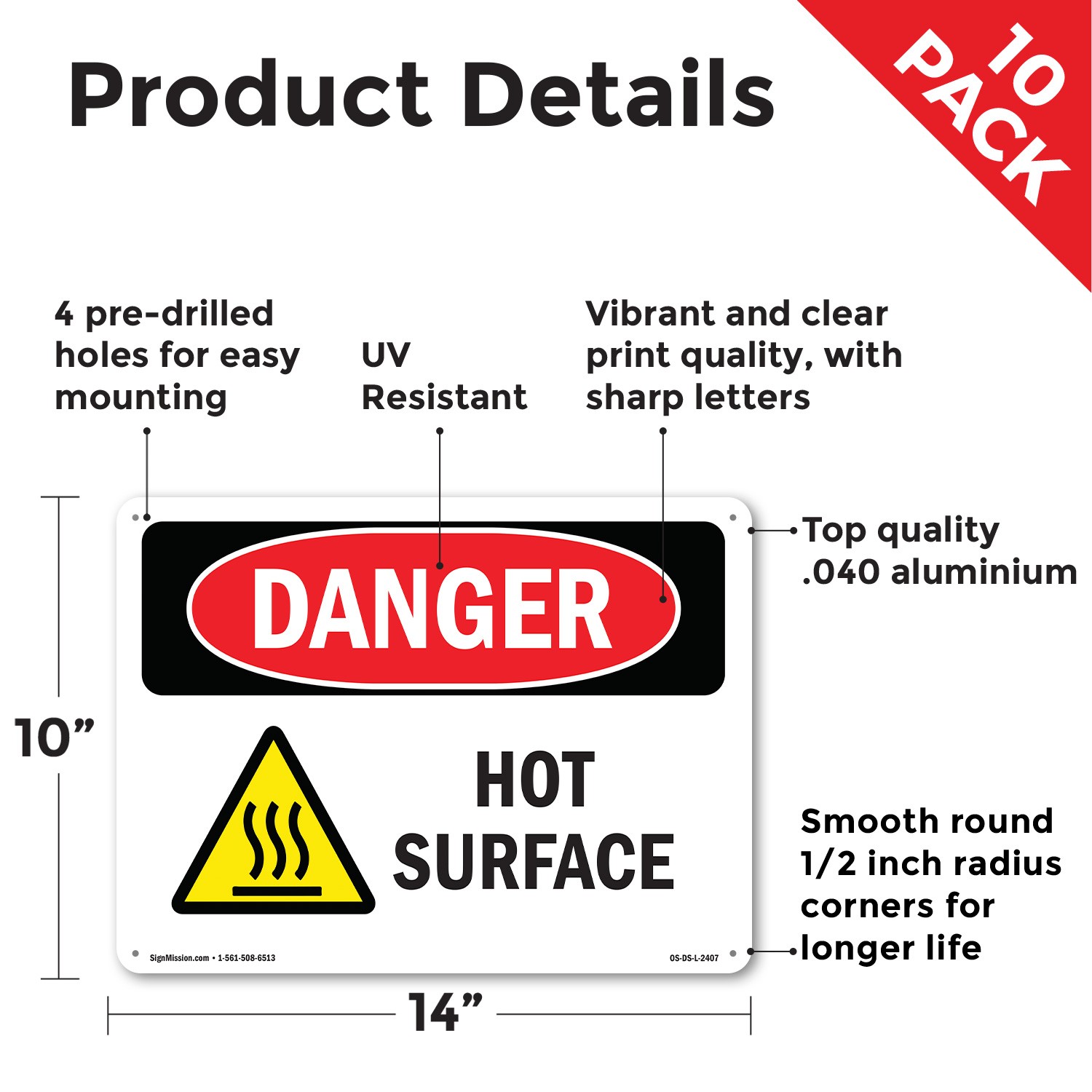 Hot Surface OSHA Danger Sign Metal, Plastic, Or Decal – 5 or 10 Pack