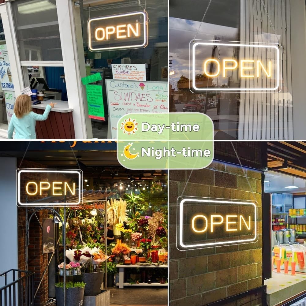 High-Quality Neon Open Sign 16″ Landscape Yellow White Business Display