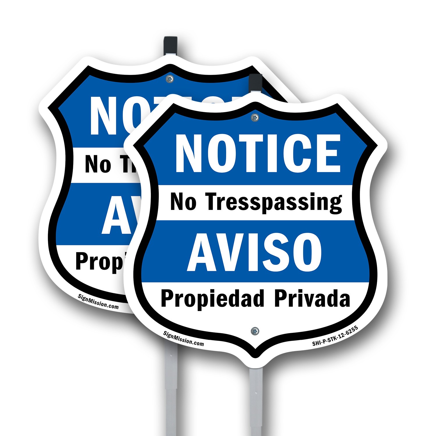 Notice No Trespassing Bilingual English / Spanish Shield Shaped Sign With Stake