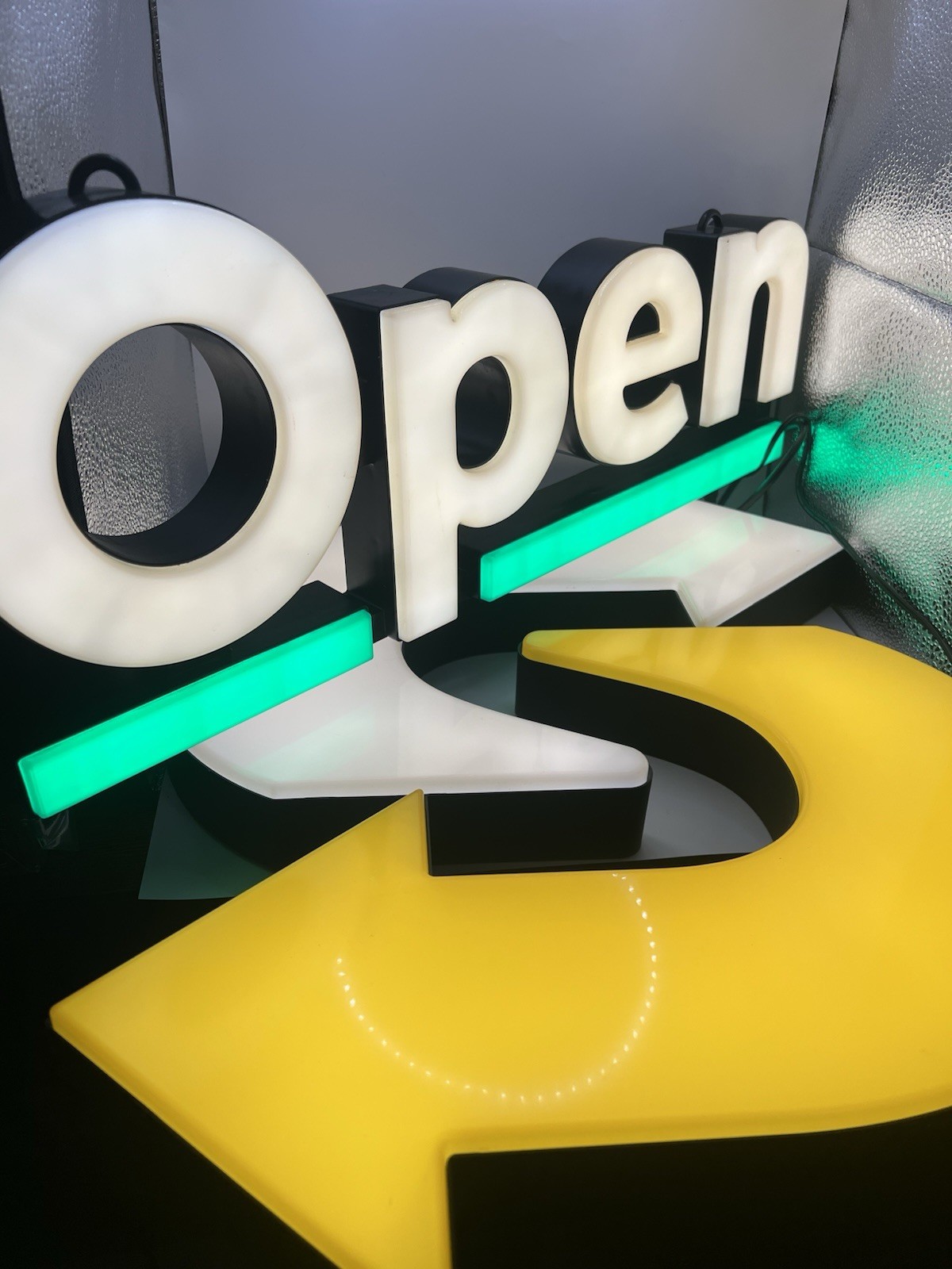 LED Illuminated “Open” Retail Sign, Plastic Multi-Color wGreen Accent Bar