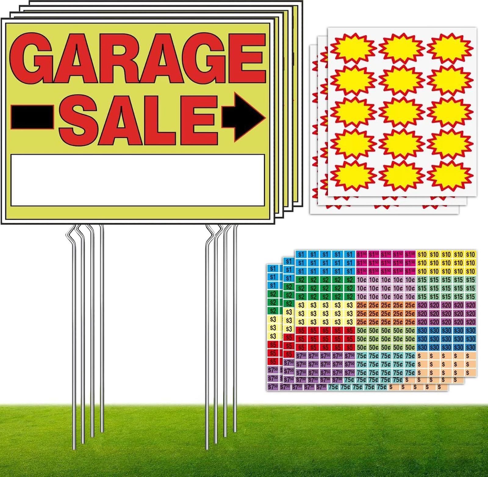 Garage Sale Signs 4Pack Waterproof Double-Sided Yard Signs with Metal Stakes and