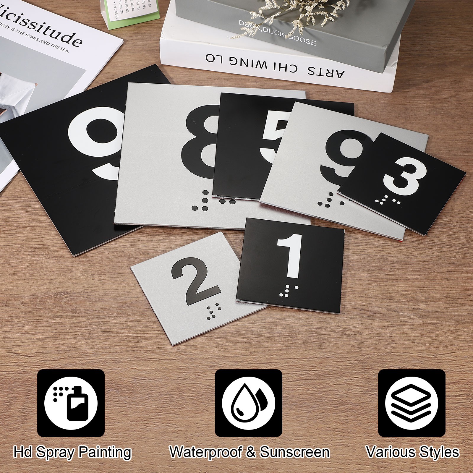 Exam Room Number Sign, 8″ x 8″ Number 9 Sign with Braille, White on Black