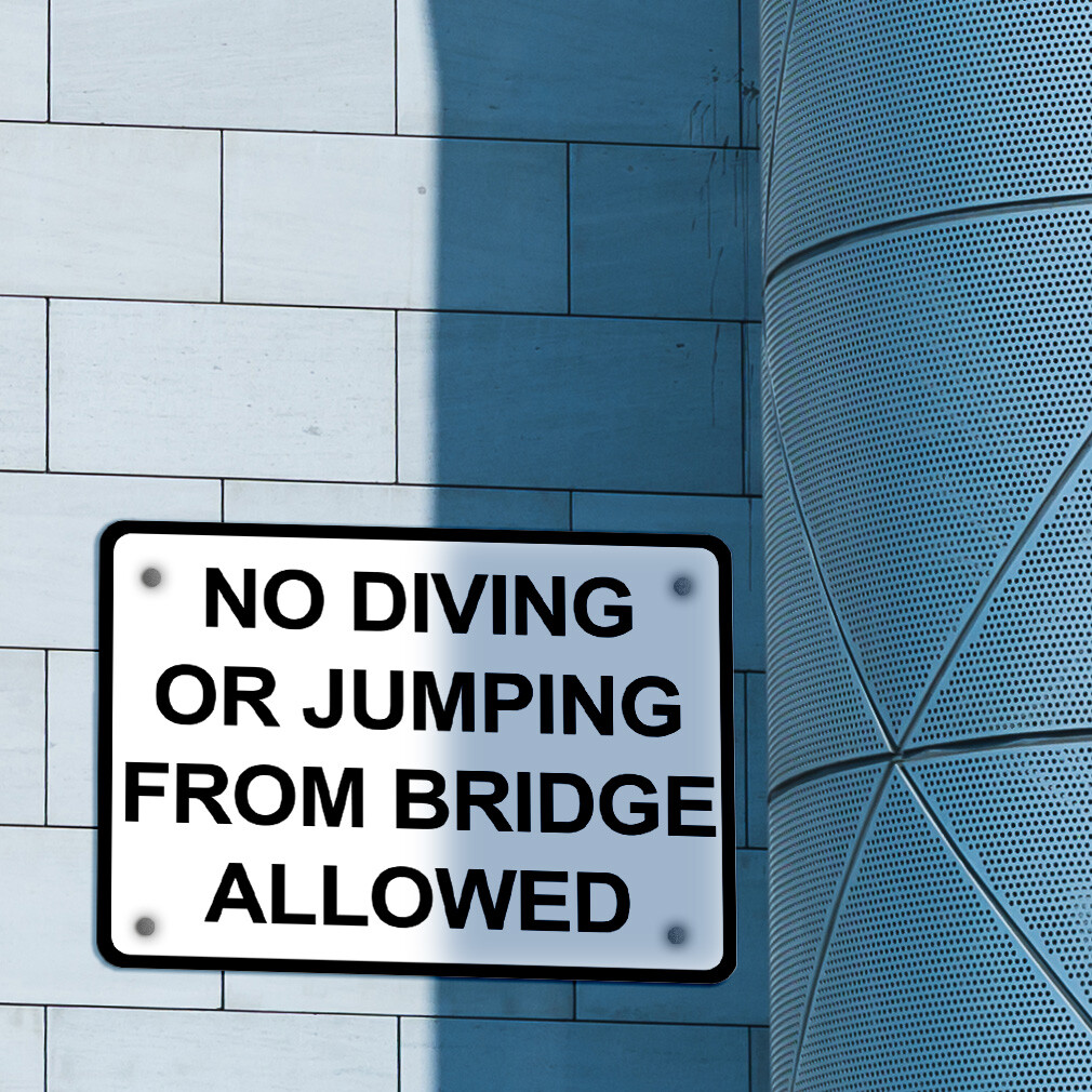 Horizontal Metal Sign No Diving Or Jumping from Bridge Allowed Black Prohibition