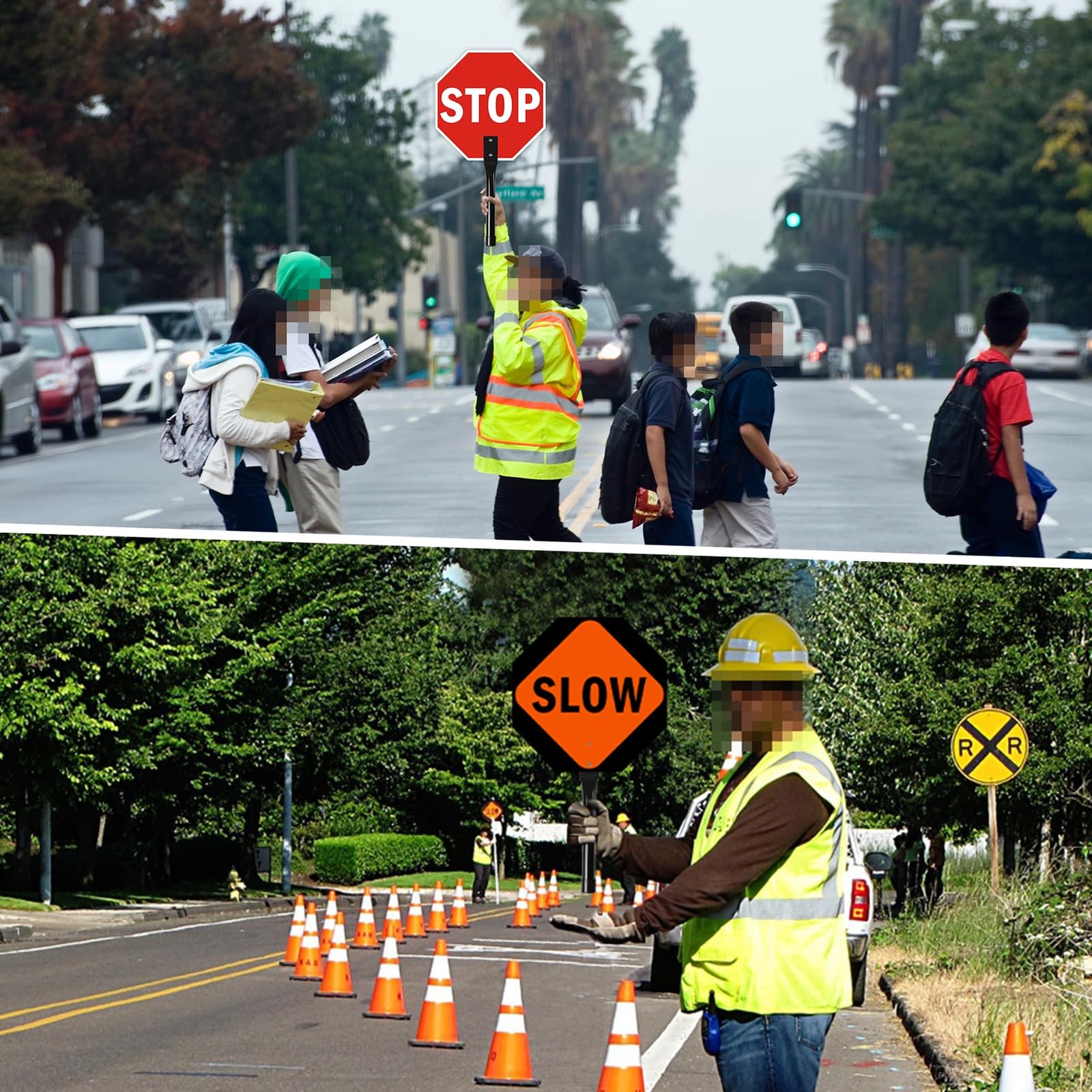 2 PCS 12×12 Inch Stop Slow Sign Metal Handle Double Sided Reflective Traffic