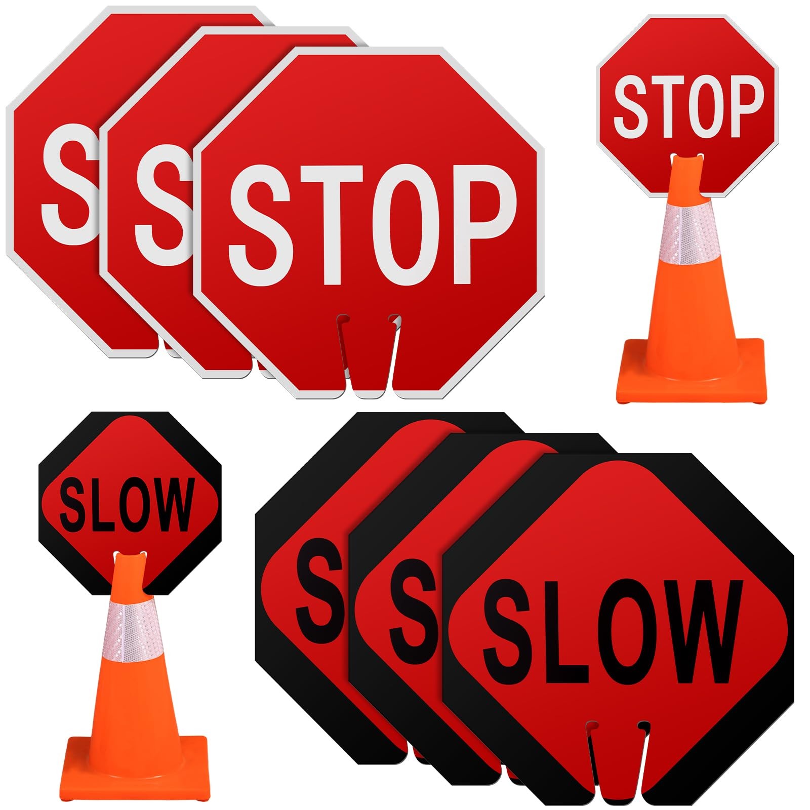6 Pcs 12 x 12 Inches Traffic Cone Top Warning Signs Include PVC Stop and Slow