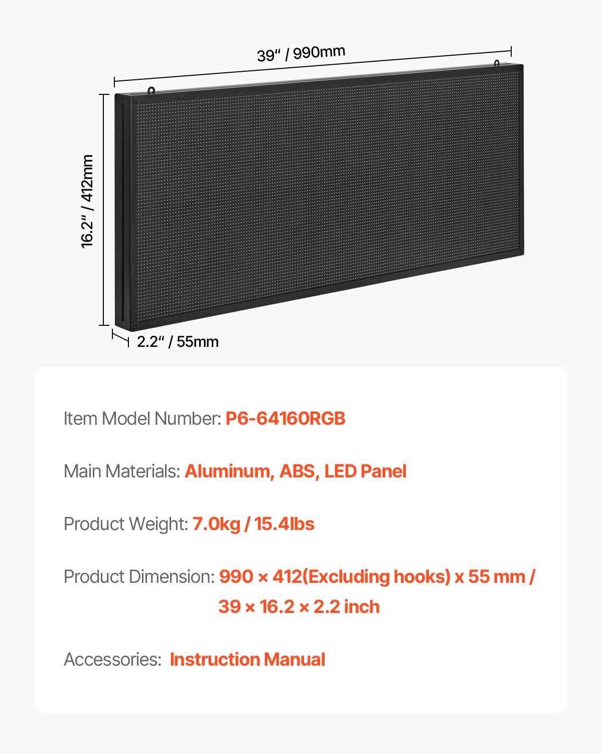 VEVOR 40×18 in Programmable LED Sign Digital Scrolling Display Board P6