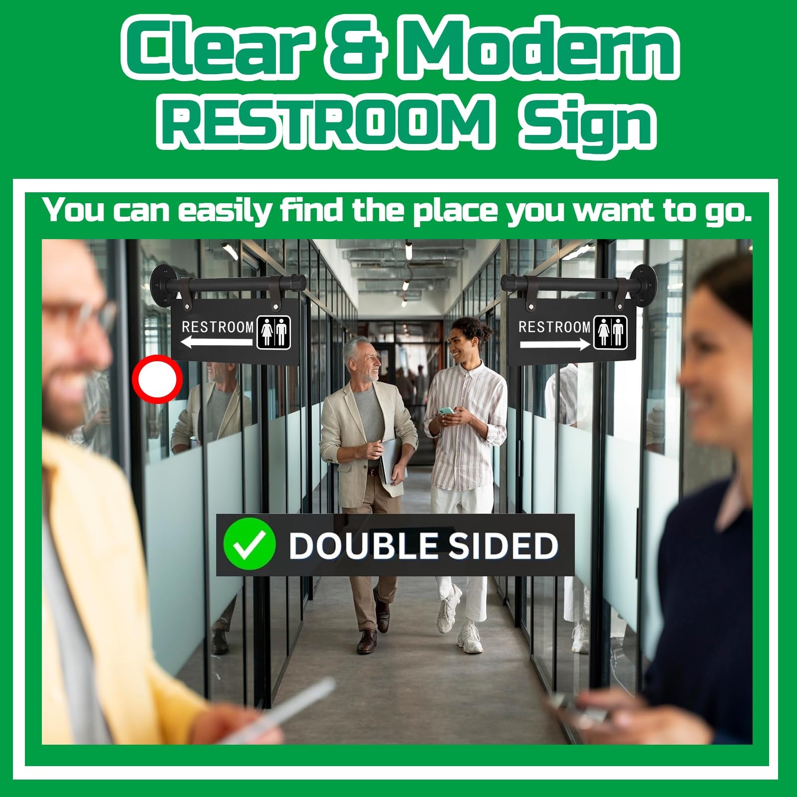 Modern Restroom Sign with Left Arrow,Double Sided,11″ x 6″，Wall-Mounted Unise…