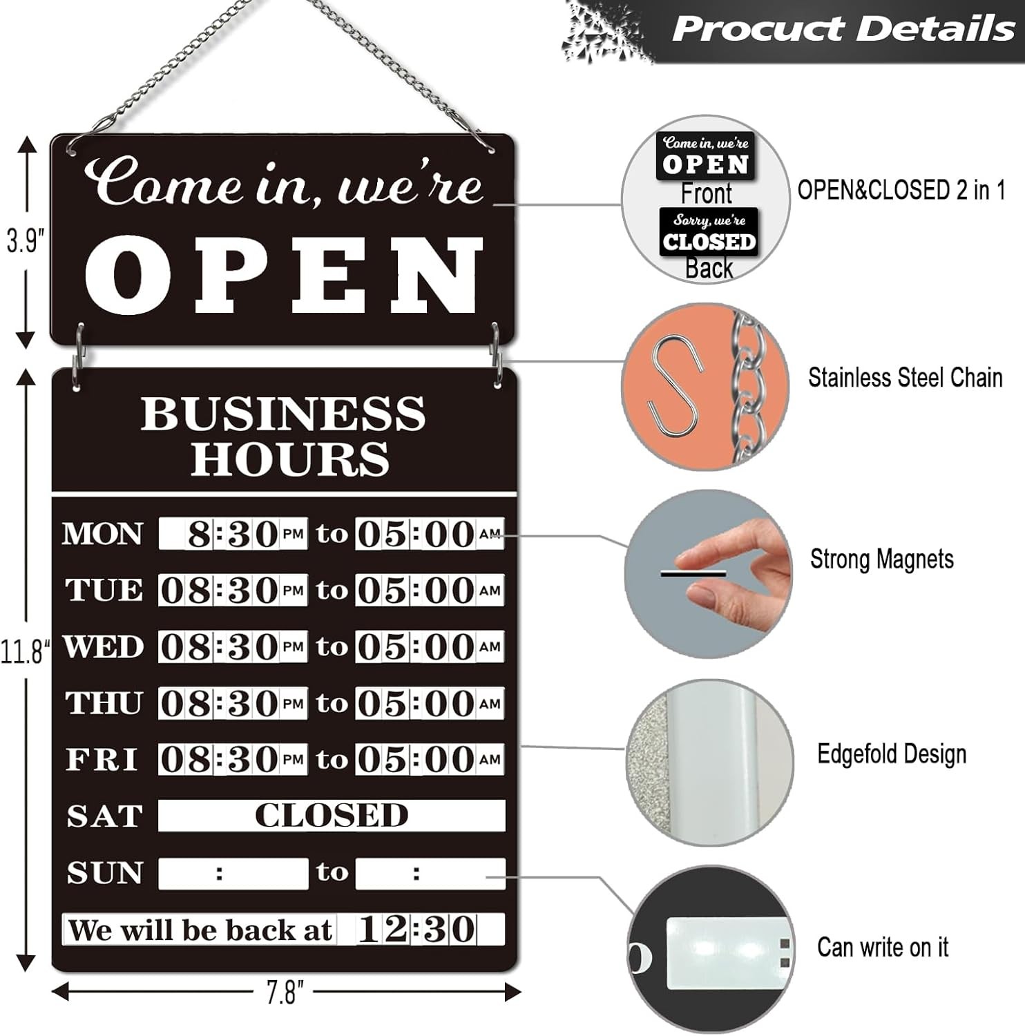 Magnetic Changeable Business Hours Sign with Double Sided 12*8in&8*4in, black
