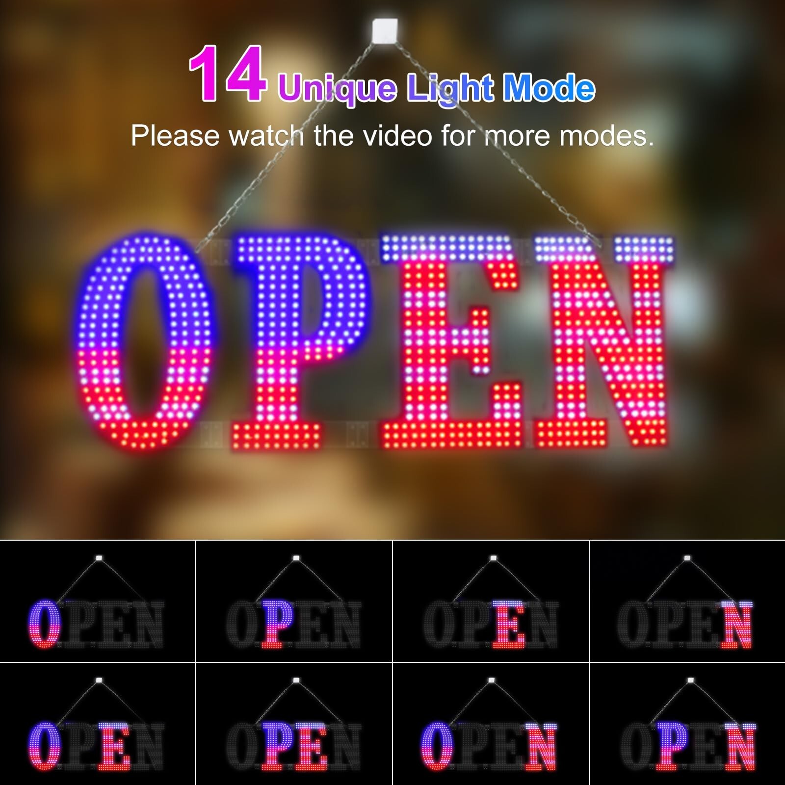 Flashing LED Open Signs for Business, 30″x10″ Large Open LED Sign with 14 Sce…