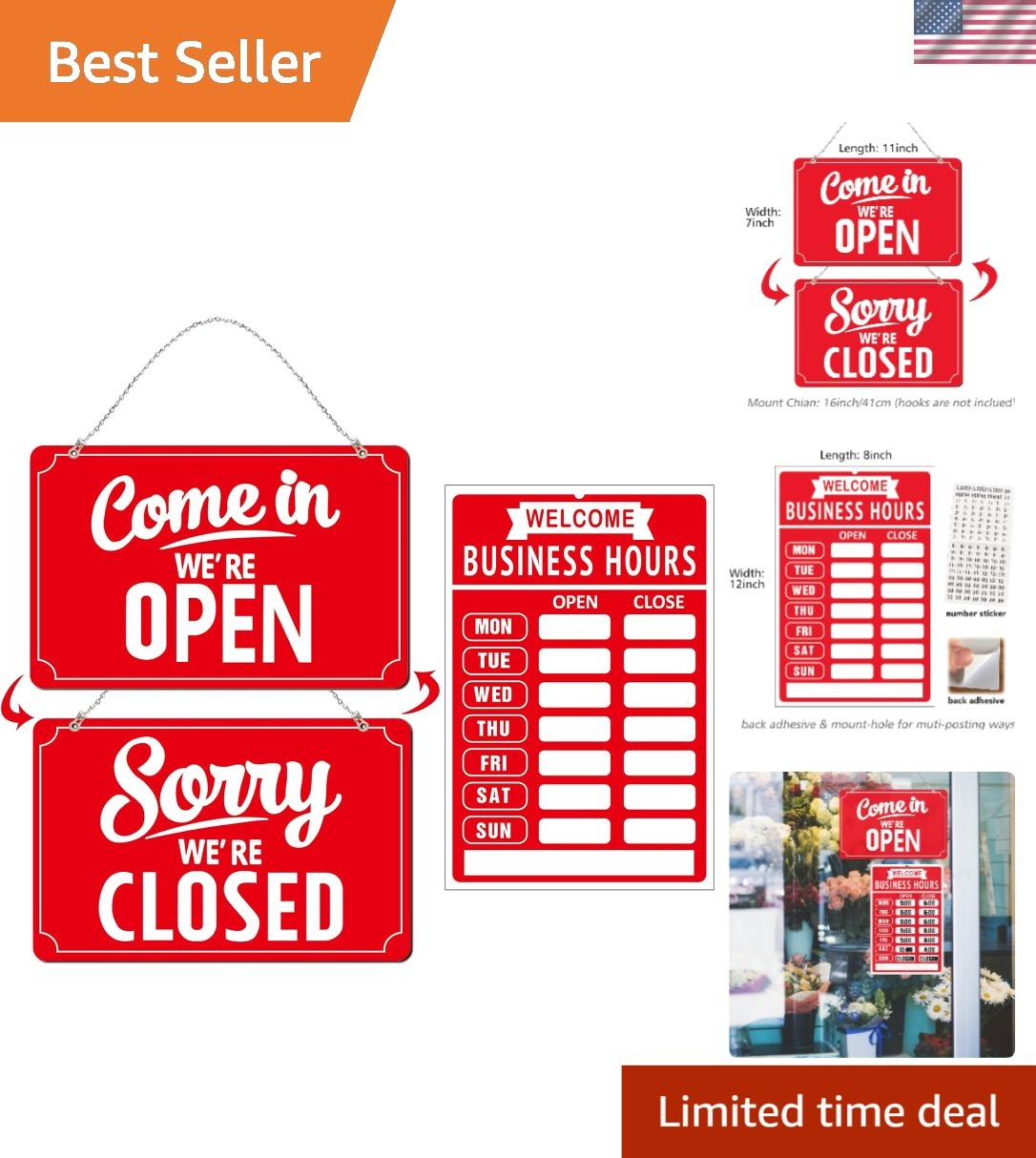 Durable Open/Closed Business Sign Set with Customizable Hours