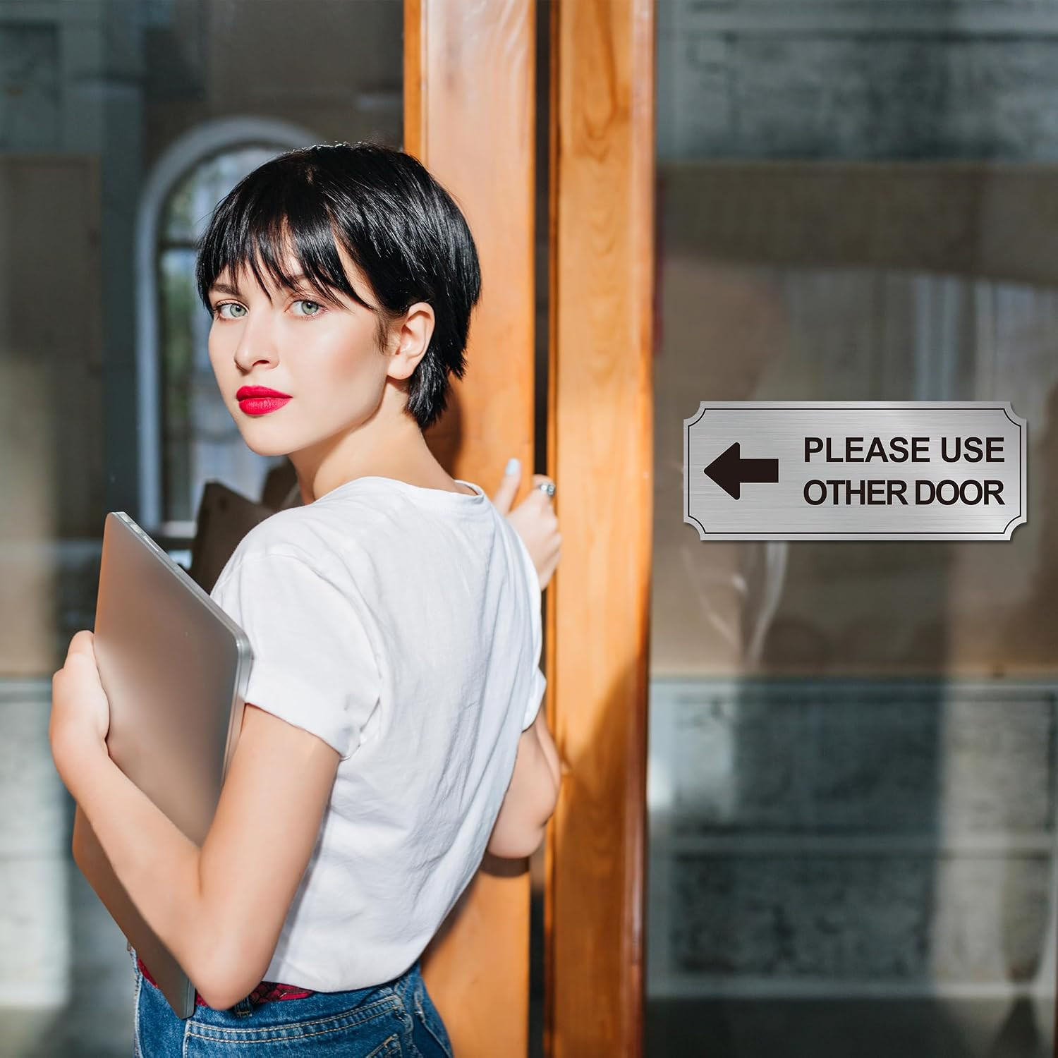 2Pack Use Other Door Sign，Self-Adhesive Weatherproof Brushed Silver Vinyl Please