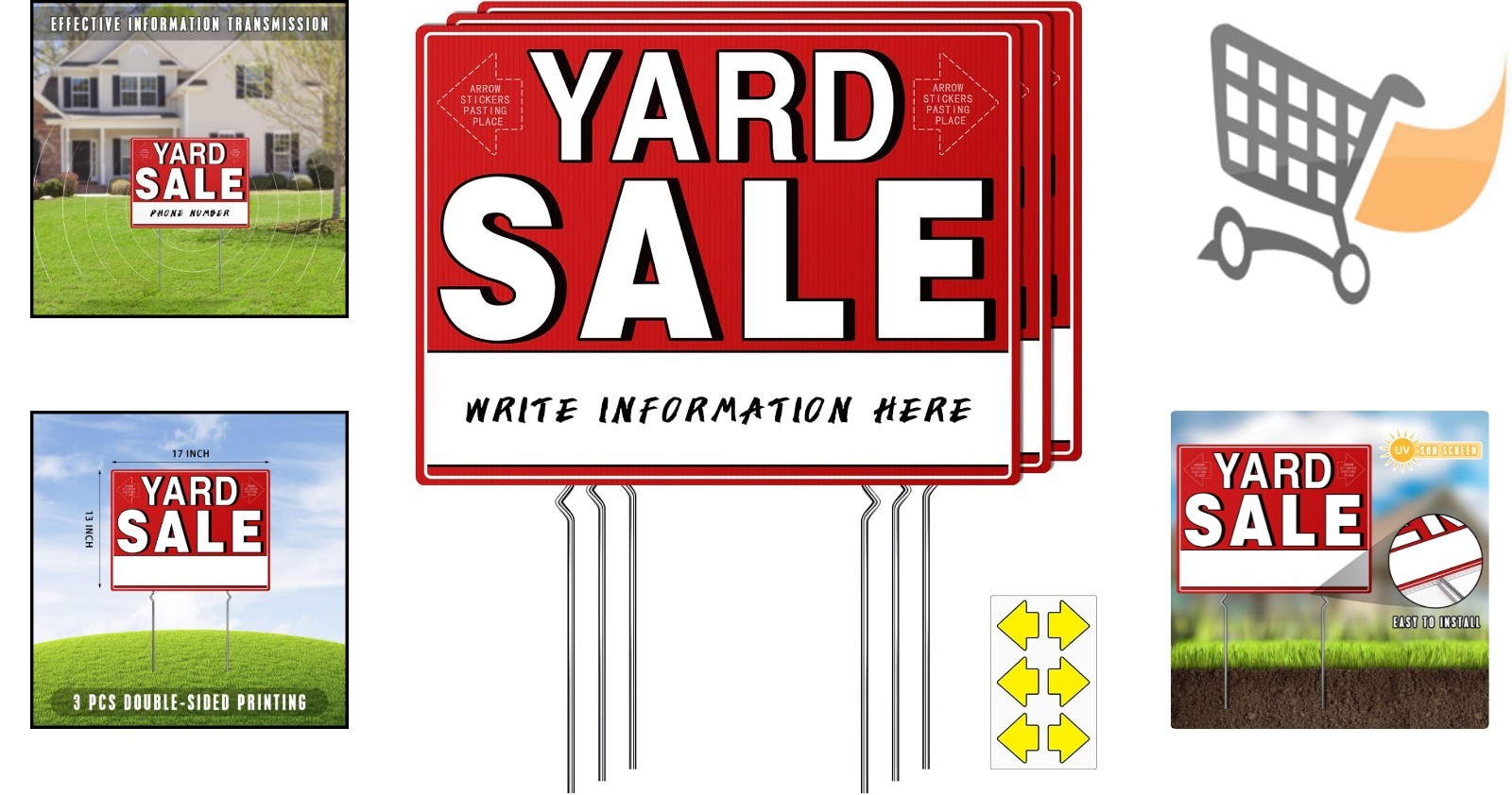Yard Sale Signs 3 Pack Weatherproof Plastic 17×13 Inches with Stakes and Arrows