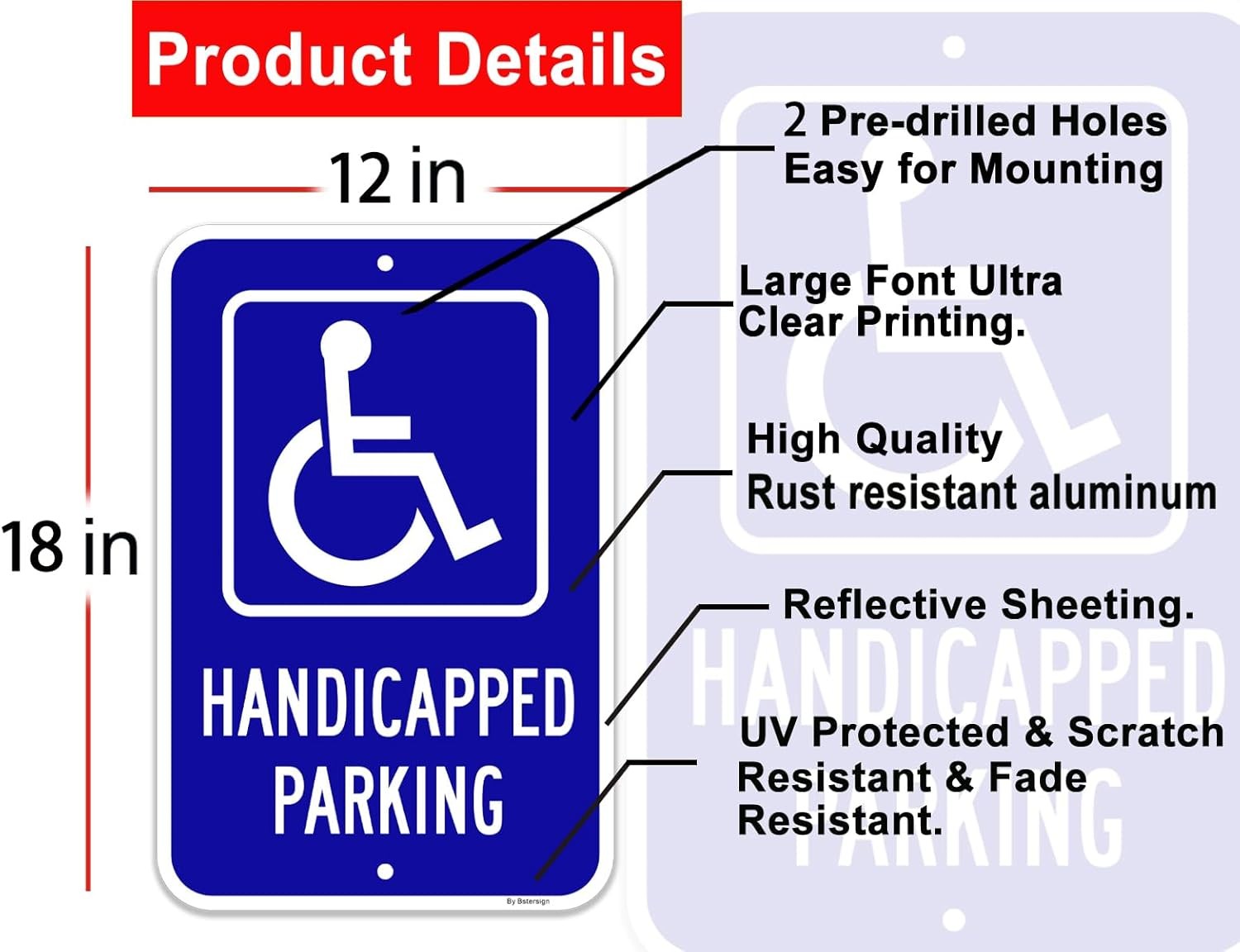 Handicap Parking Signs x 2 Pack, 12″ x 18″, Reflective 12 x 18 x 0.63, blue