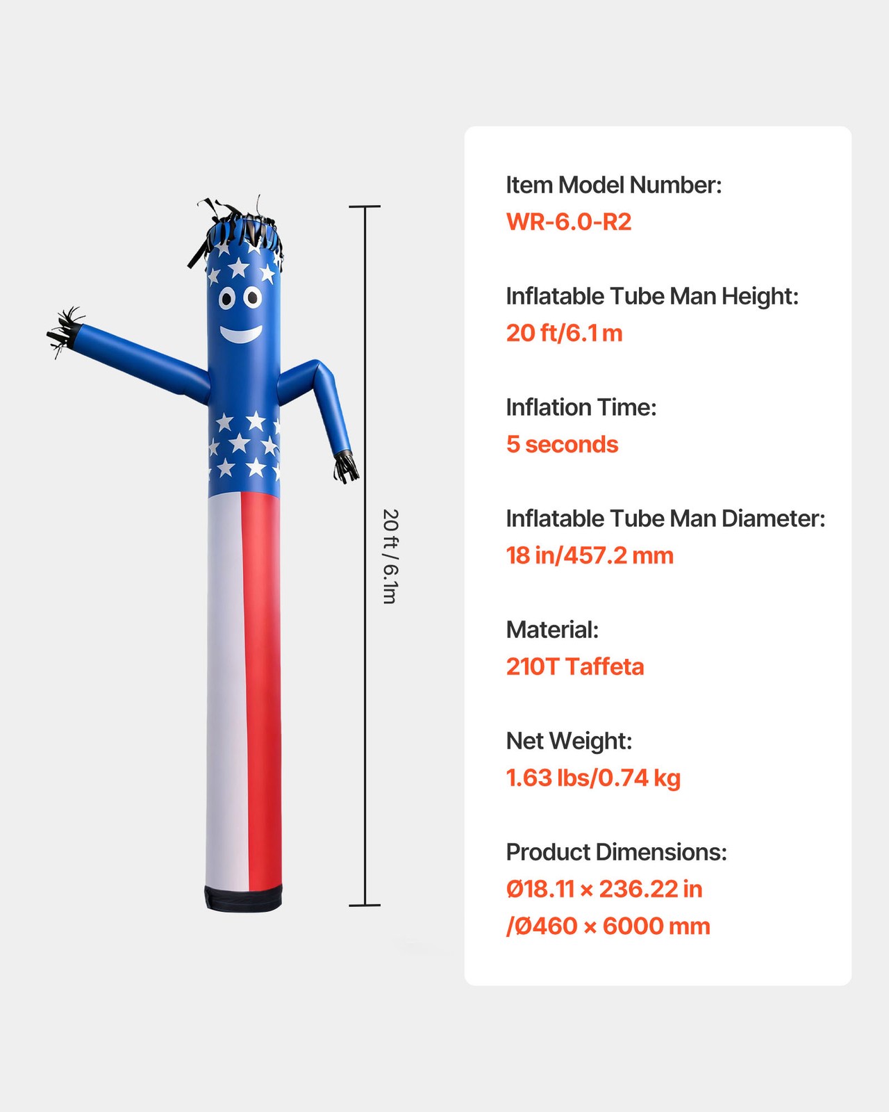 VEVOR Inflatable Tube Man 20-Feet Wacky Waving Dancing Tube Guy 18 in No Blower