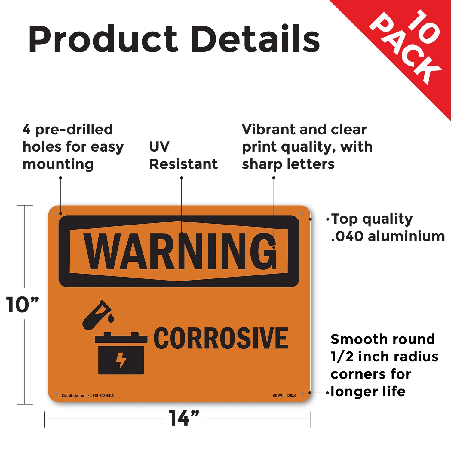 Corrosive OSHA WARNING Sign Metal, Plastic, Or Decal – 5 or 10 Pack