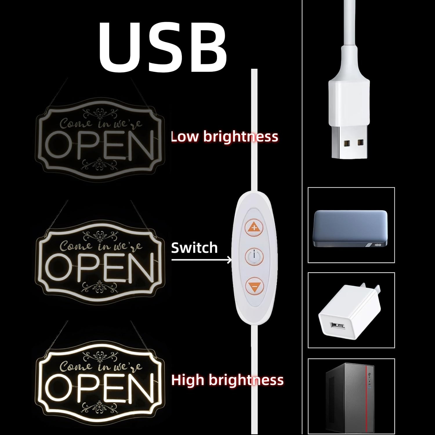 Neon Open Signs for Business， LED Adjustable Brightness Light Up Sign for Bar Sl