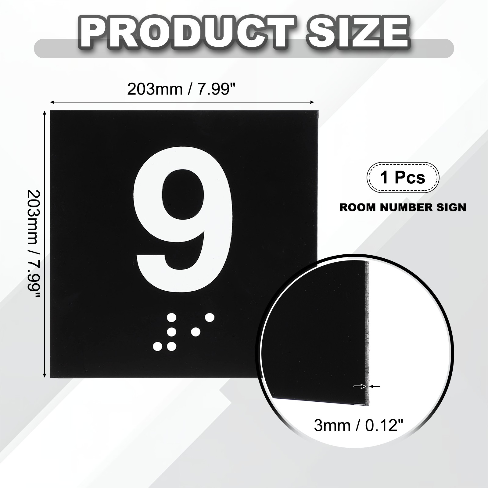 Exam Room Number Sign, 8″ x 8″ Number 9 Sign with Braille, White on Black