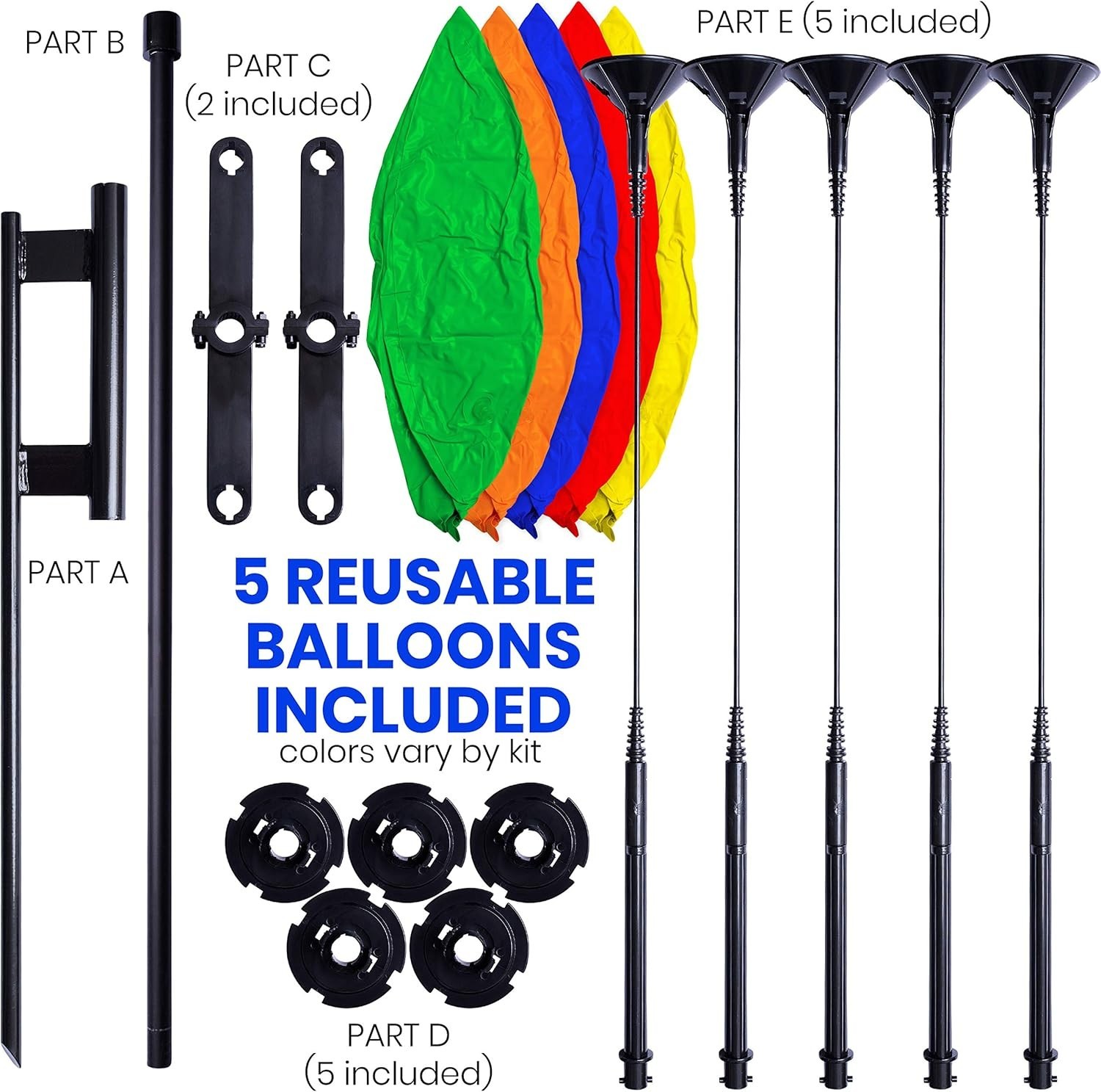 Reusable Balloon Display Kit Poles, Ground Spike and 5 Balloons Included