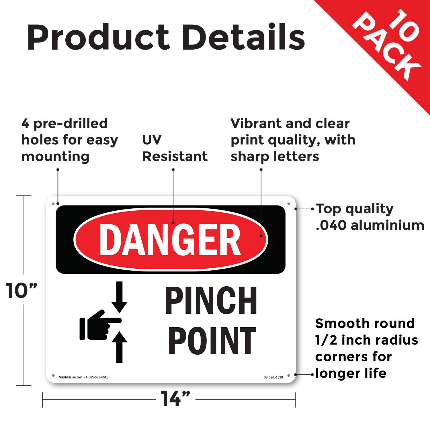Pinch Point OSHA Danger Sign Metal, Plastic, Or Decal – 5 or 10 Pack