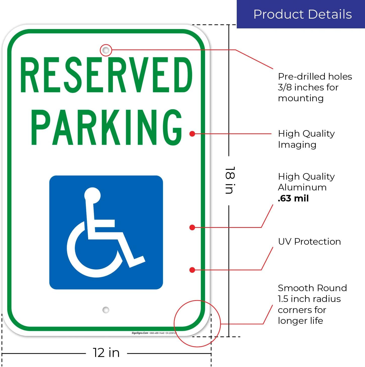 Handicap Parking Sign, Reserved Parking Sign, 12X18 Inches, Rust Free .063 Alumi
