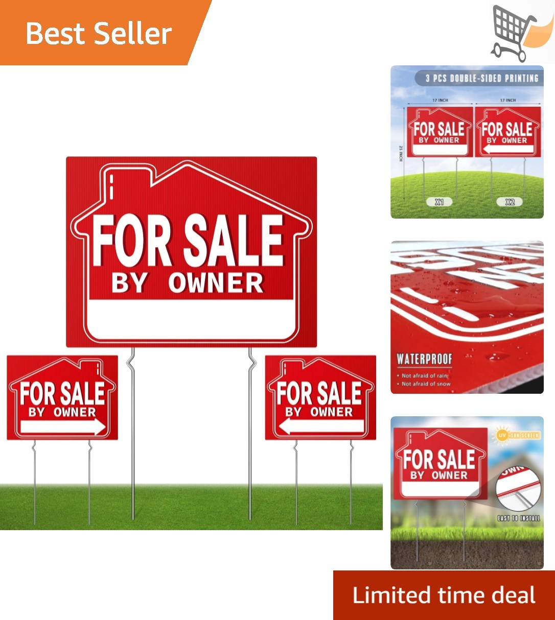 For Sale By Owner Yard Sign 3 Pack 18X14 Double-Sided Signs with Metal Stakes
