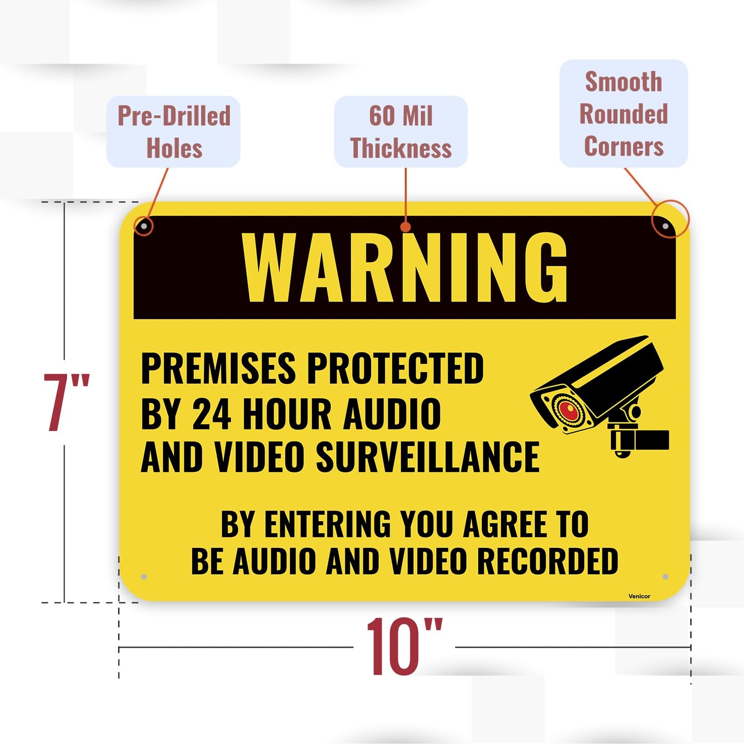 1PC Warning Video and Audio Surveillance Recording Sign, 10 x 7 Inches – Alum…