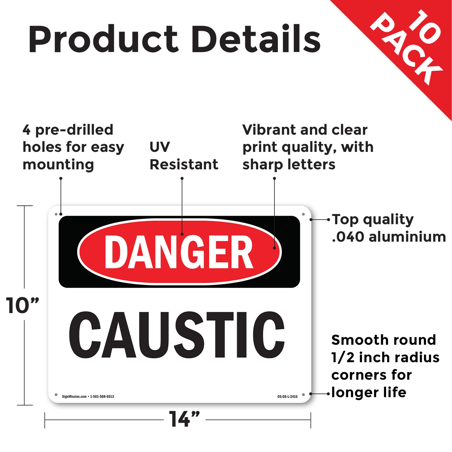 Caustic OSHA Danger Sign Metal, Plastic, Or Decal – 5 or 10 Pack