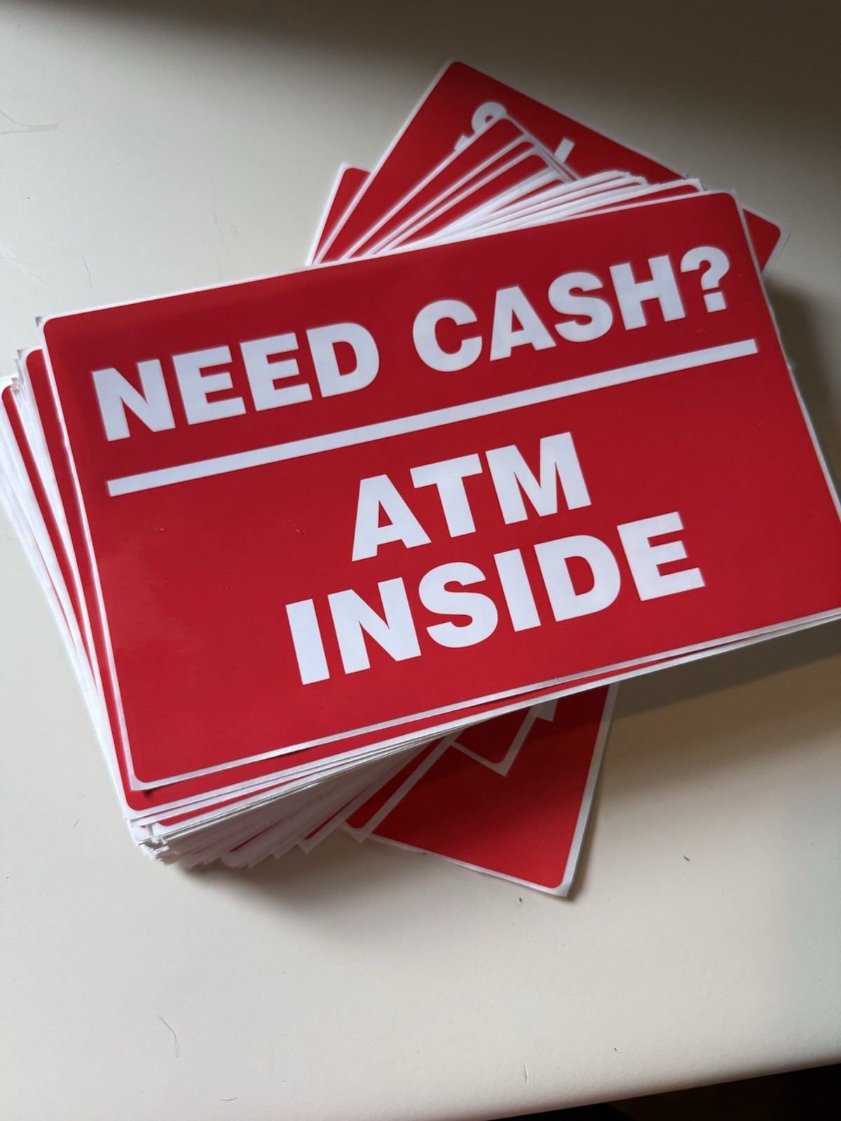 Need Cash? ATM Inside Red Plastic Window Sign for Business Storefront Display