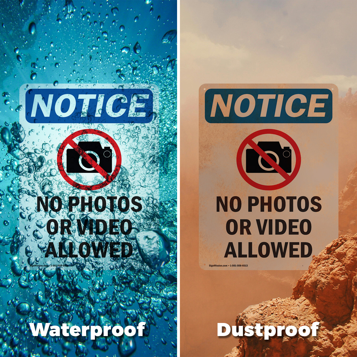 (2 Pack) No Photos Or Video Allowed OSHA Notice Sign Decal Metal Plastic