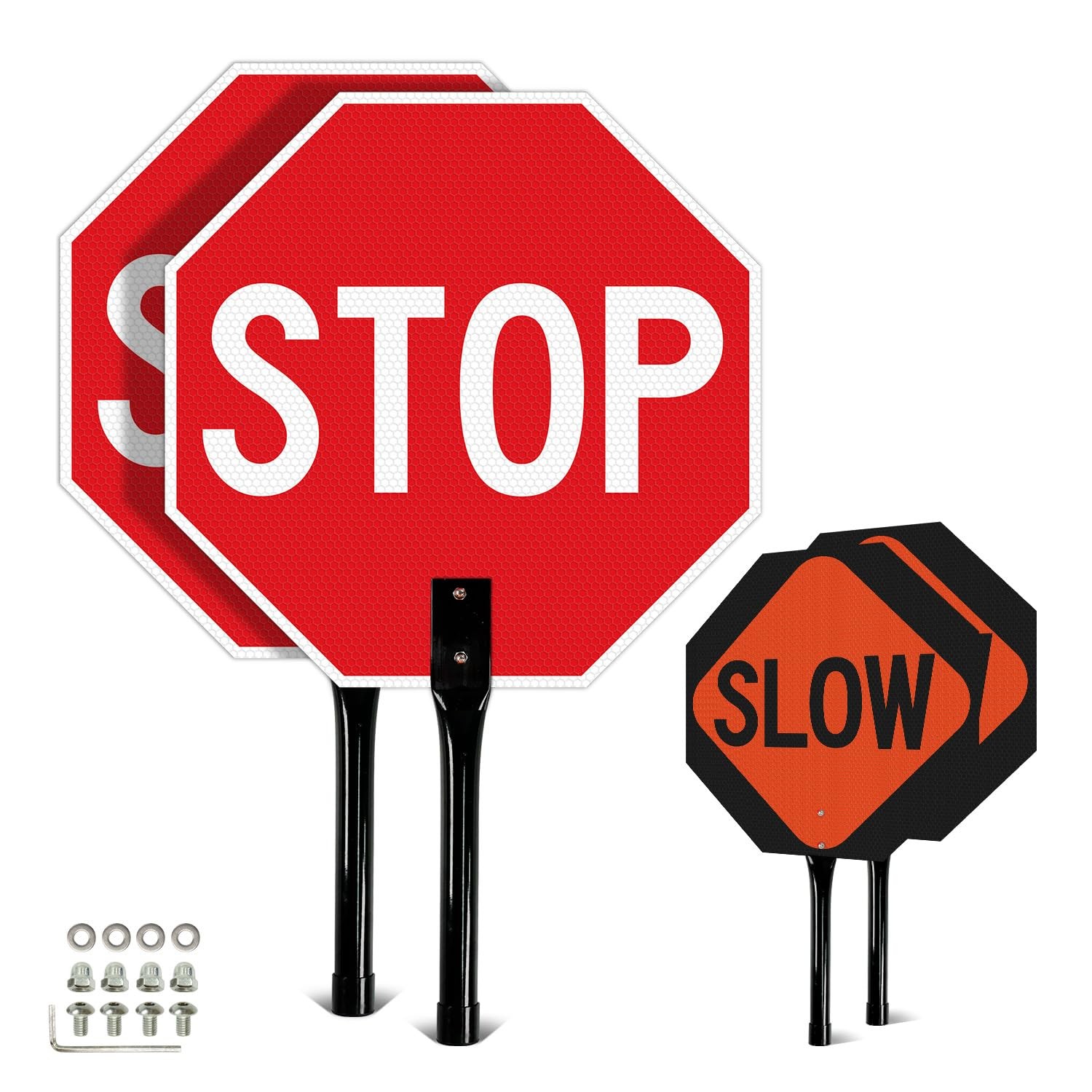 (2 Pack) Large Stop Slow Sign with Handle, 18 x 18 Inches Double Sided Stop/S…