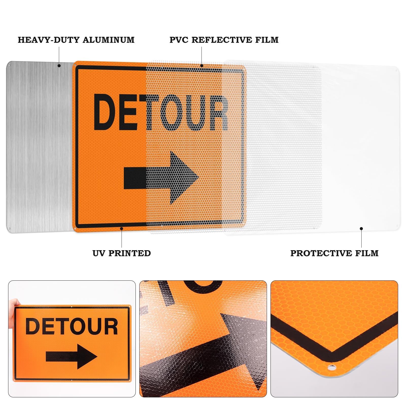 2 Pack 12×18 Inch Reflective Aluminum Detour With Right Arrow Traffic Sign