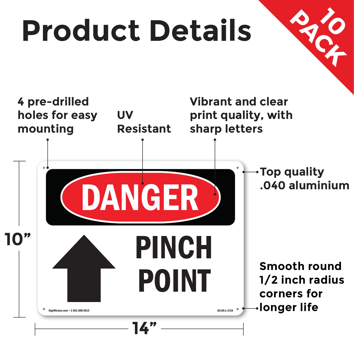 Pinch Point OSHA Danger Sign Metal, Plastic, Or Decal – 5 or 10 Pack
