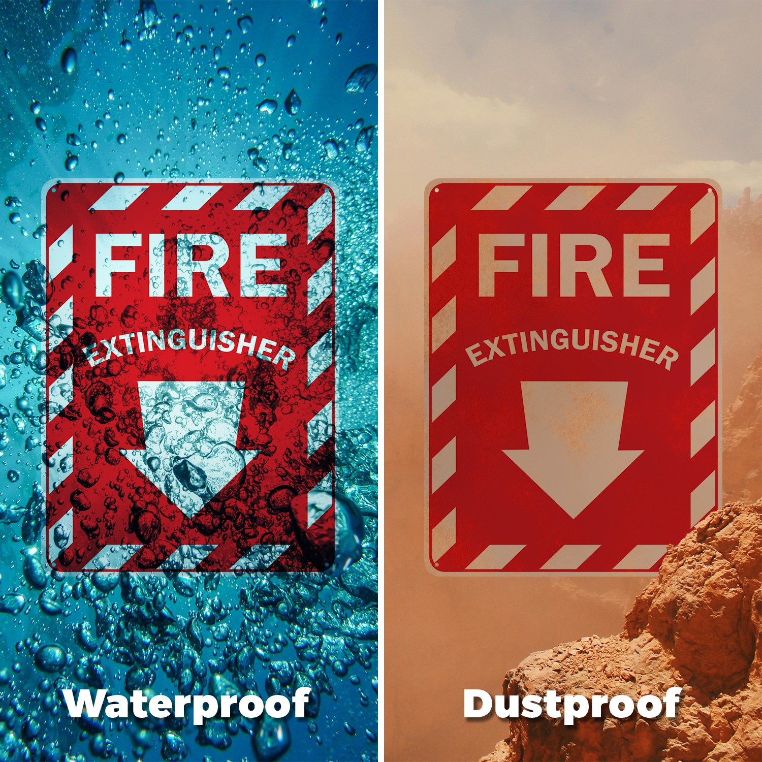 Fire Extinguisher with Arrow OSHA Sign Metal, Plastic, Or Decal – 5 or 10 Pack