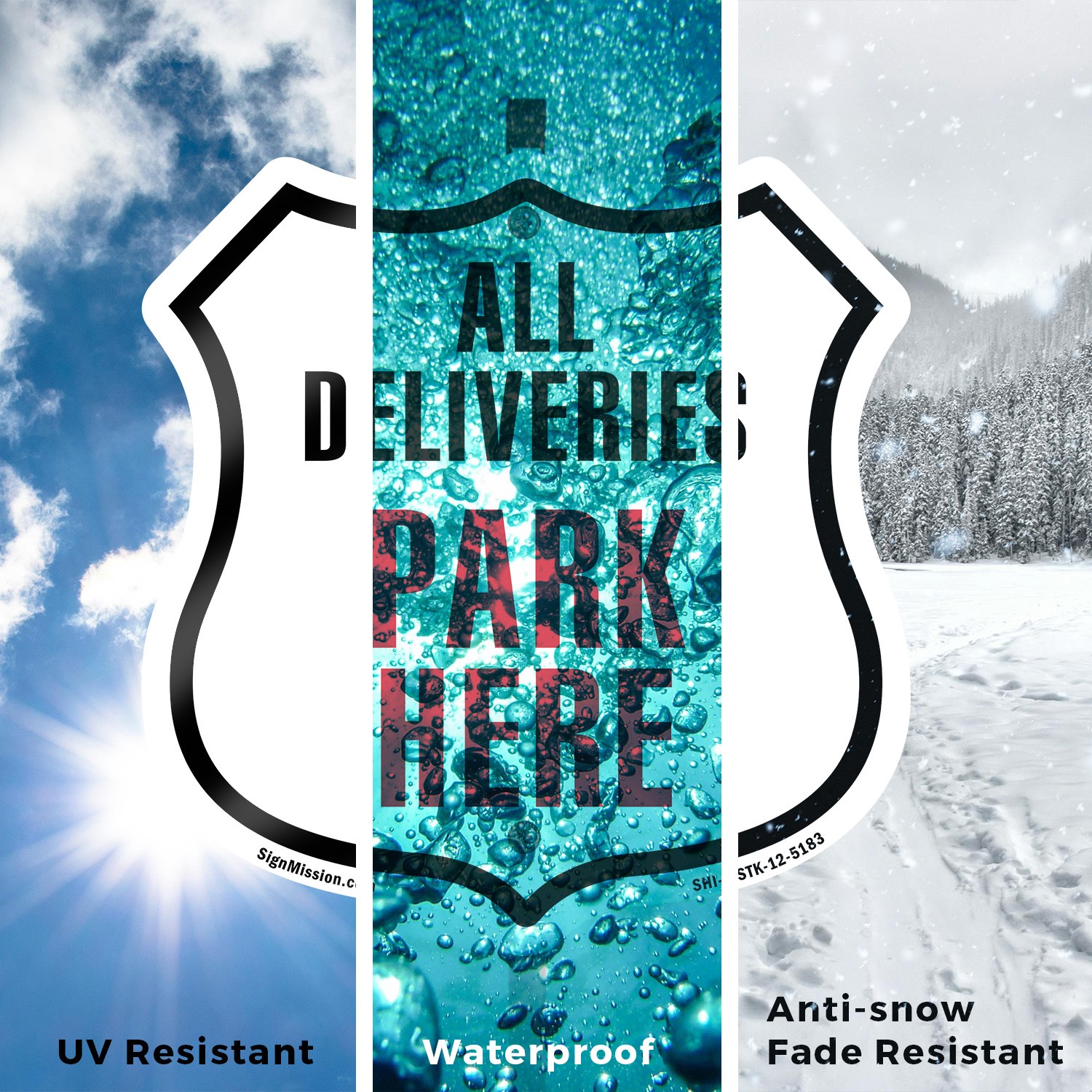 All Deliveries Park Here Shield Shaped Sign With Stake Crafted in the USA